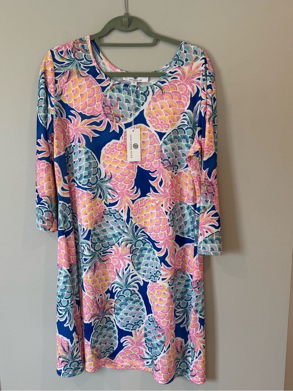 Jean Perrie Klifa Pineappl dress women’s XL Blue Pink Shift 3/4 Sleeve Preppy